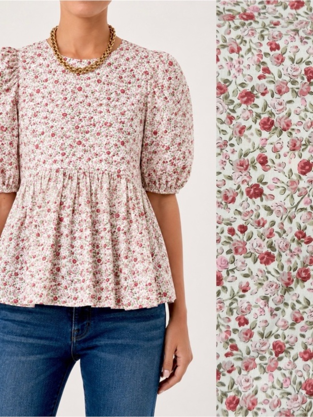 Hyacinth House NWT Lyla Floral Cotton Red Pink Puff Sleeve Peplum Blouse M